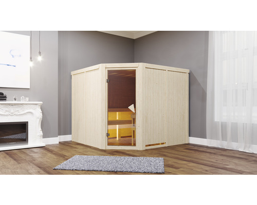 Sauna modulaire Karibu Malina avec poêle 9 kW et commande intégrée sans couronne avec porte entièrement vitrée coloris bronze