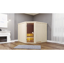 Ecksauna aus Holz mit Glastür in einem hellen Raum