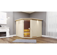 Sauna d''angle en bois avec porte en verre dans une pièce