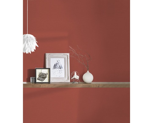Wohnraum mit roter Wand, Regal, Lampe und Dekorationen