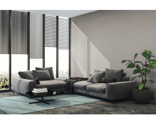 Wohnzimmer mit Sofa, Couchtisch und Zimmerpflanze