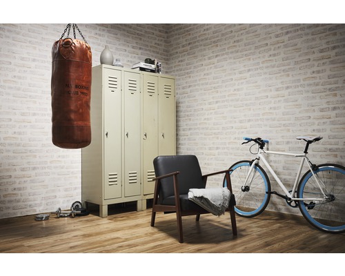 Scène avec sac de frappe, casier, fauteuil, vélo et haltères dans une pièce avec un mur en briques