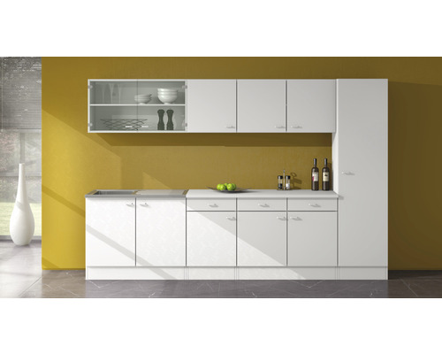 Küchenzeile mit Spüle, Hängeschränken und Hochschrank