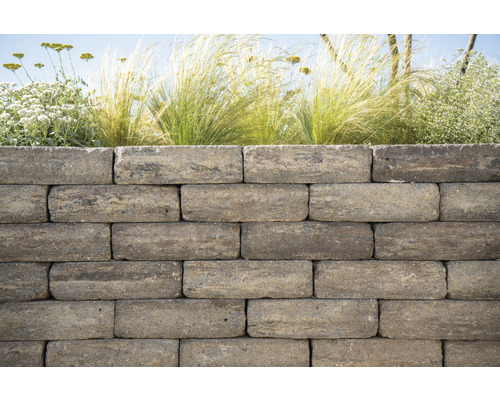 Gestapelte Gartenmauersteine mit Bepflanzung