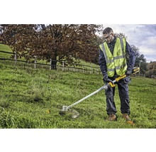 Une personne coupe l''herbe avec un coupe-bordures à batterie à l''extérieur.
