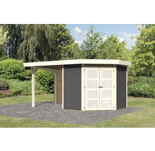 Gartenhaus Karibu Grünwald 3 inkl. Anbaudach 2,4 m und Rückwand 467 x 238 cm terragrau