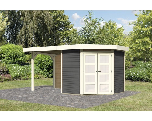 Abri de jardin Karibu Grünwald 3 avec extension de toit de 2,4 m et panneau arrière 433 x 217 cm gris terre cuite