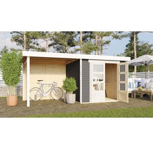 Abri de jardin moderne avec dépendance, vélo et décoration sur une pelouse