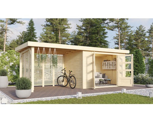 Abri de jardin Karibu Kodiak 4 avec extension de toit de 2,8 m, option bois de chauffage 557 x 217 cm naturel