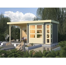 Gartenhaus Karibu Naomi 3 inkl. Anbaudach 2,8 m, Rückwand 528,5 x 238 cm terragrau