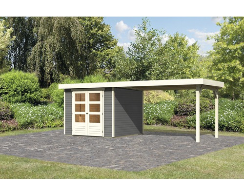 Abri de jardin Karibu Kodiak 3,5 avec extension de toit de 2,8 m 500 x 246 cm gris terre cuite