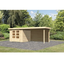 Gartenhaus Karibu Kodiak 3,5 inkl. Anbaudach 2,8 m, Rückwand 528,5 x 238 cm natur