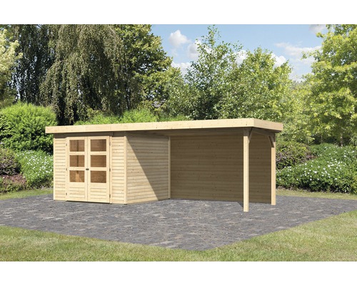 Abri de jardin Karibu Kodiak 3,5 avec extension de toit de 2,8 m, panneau arrière 500 x 246 cm naturel