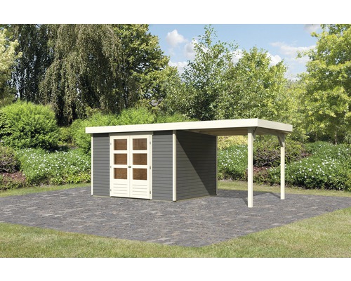 Gartenhaus Karibu Kodiak 5 inkl. Anbaudach 2,4 m 554 x 262 cm terragrau