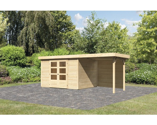 Abri de jardin Karibu Kodiak 5 avec toit en appentis de 2,4 m et paroi arrière 522 x 246 cm naturel