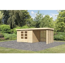 Gartenhaus Karibu Kodiak 5 inkl. Anbaudach 2,4 m, Feuerholzoption 554 x 262 cm natur