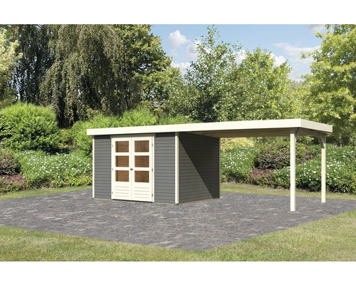 Abri de jardin Karibu Kodiak 5 avec extension de toit de 2,8 m 557 x 246 cm gris terre cuite