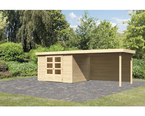 Abri de jardin Karibu Kodiak 5 avec extension de toit de 2,8 m, panneau arrière 557 x 246 cm naturel