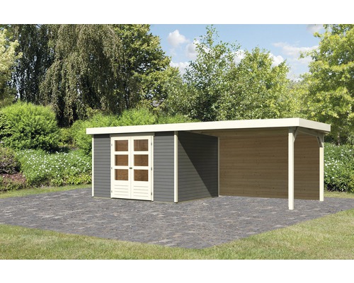 Gartenhaus Karibu Kodiak 5 inkl. Anbaudach 2,8 m, Rückwand 557 x 246 cm terragrau