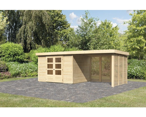 Abri de jardin Karibu Kodiak 5 avec extension de toit de 2,8 m, option bois de chauffage 557 x 246 cm naturel