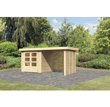 Abri de jardin Karibu Kodiak 2 avec extension de toit de 2,4 m, option bois de chauffage 467 x 238 cm naturel