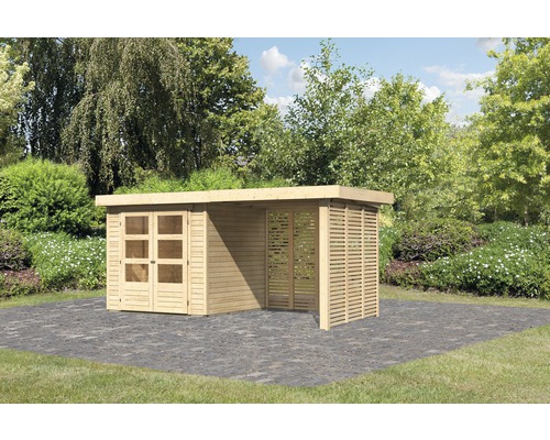 Abri de jardin Karibu Kodiak 2 avec extension de toit de 2,4 m, option bois de chauffage 433 x 217 cm naturel