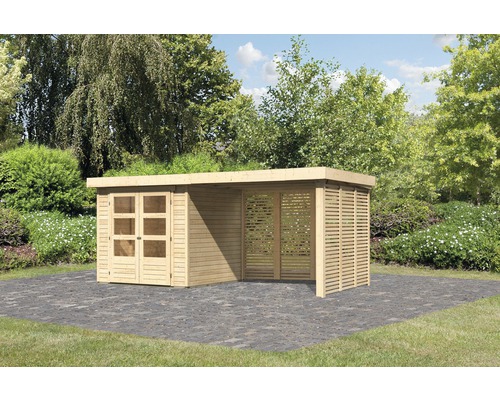 Abri de jardin Karibu Kodiak 2 avec extension de toit de 2,8 m, option bois de chauffage 468 x 217 cm naturel