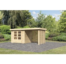 Gartenhaus Karibu Kodiak 3 inkl. Anbaudach 2,4 m, Feuerholzoption 491 x 238 cm natur
