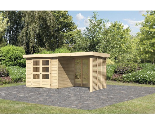 Abri de jardin Karibu Kodiak 3 avec extension de toit de 2,4 m, option bois de chauffage 462 x 217 cm naturel