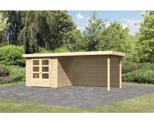 Abri de jardin Karibu Kodiak 3 avec extension de toit de 2,8 m, panneau arrière 497 x 217 cm naturel