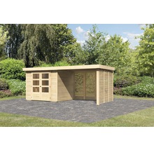 Gartenhaus Karibu Kodiak 3 inkl. Anbaudach 2,8 m, Feuerholzoption 528,5 x 238 cm natur