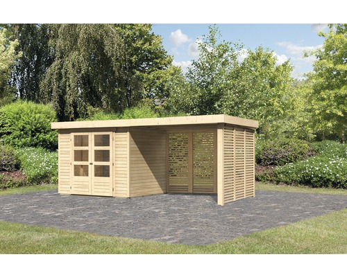 Abri de jardin Karibu Kodiak 3 avec extension de toit de 2,8 m, option bois de chauffage 497 x 217 cm naturel