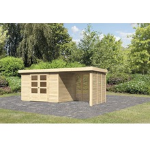 Gartenhaus Karibu Kodiak 4 inkl. Anbaudach 2,4 m, Feuerholzoption 554 x 238 cm natur