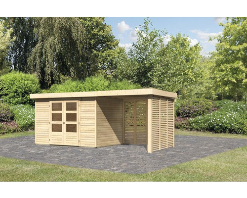 Abri de jardin Karibu Kodiak 4 avec extension de toit de 2,4 m, option bois de chauffage 522 x 217 cm naturel