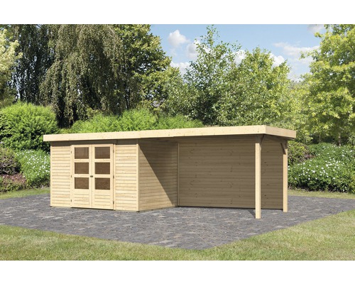 Abri de jardin Karibu Kodiak 4 avec extension de toit de 2,8 m, panneau arrière 557 x 217 cm naturel