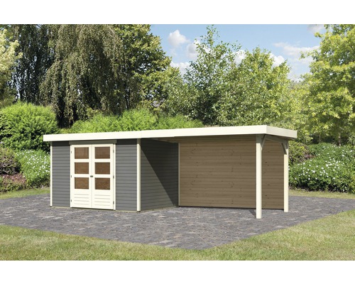 Gartenhaus Karibu Kodiak 4 inkl. Anbaudach 2,8 m, Rückwand 557 x 217 cm terragrau