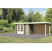 Gartenhaus Karibu Naomi 4 inkl. Anbaudach 2,8 m, Rückwand 591,5 x 238 cm terragrau