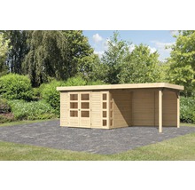 Holzgartenhaus mit überdachtem Bereich vor Bäumen