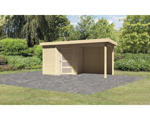 Abri de jardin Karibu Anvik 3 avec extension de toit de 2,4 m, panneau arrière 433 x 217 cm naturel