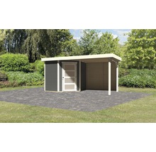 Gartenhaus Karibu Anvik 3 inkl. Anbaudach 2,4 m, Rückwand 467 x 238 cm terragrau