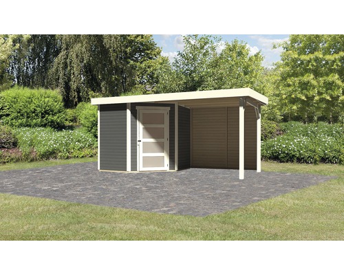 Gartenhaus Karibu Anvik 3 inkl. Anbaudach 2,4 m, Rückwand 467 x 238 cm terragrau