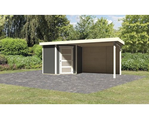 Abri de jardin Karibu Anvik 3 avec extension de toit de 2,8 m, panneau arrière 468 x 217 cm gris terre cuite