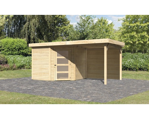 Abri de jardin Karibu Anvik 5 avec extension de toit de 2,4 m, panneau arrière 462 x 246 cm naturel