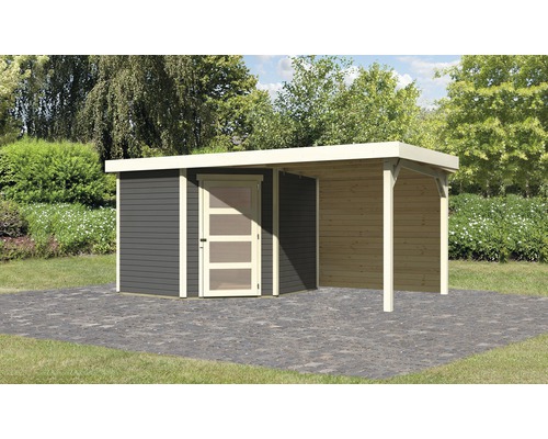 Gartenhaus Karibu Anvik 5 inkl. Anbaudach 2,4 m, Rückwand 462 x 246 cm terragrau