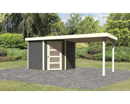 Abri de jardin Karibu Anvik 5 avec extension de toit de 2,8 m, panneau arrière 497 x 246 cm gris terre cuite