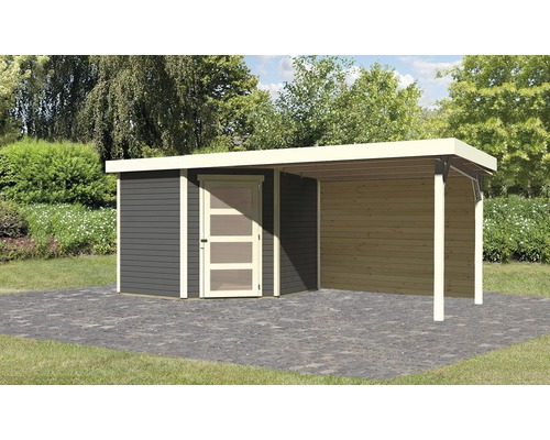 Gartenhaus Karibu Anvik 5 inkl. Anbaudach 2,8 m, Rückwand 503 x 262 cm terragrau