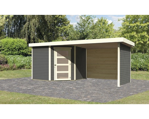 Abri de jardin Karibu Anvik 5 avec extension de toit de 2,8 m, panneau arrière et paroi latérale 497 x 246 cm gris terre cuite