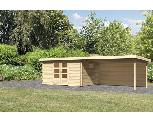 Abri de jardin Karibu Tossens 5 avec extension de toit de 4,4 m, panneau arrière 806 x 333 cm naturel Abri de jardin Karibu Tossens 5 avec extension de toit de 4,4 m, panneau arrière 806 x 333 cm naturel