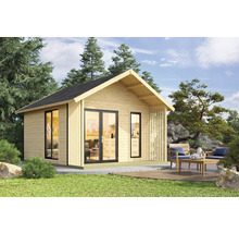 Gartenhaus aus Holz mit Terrasse und Gartenmöbeln