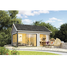 Abri de jardin avec portes coulissantes, toit et espace extérieur avec mobilier de jardin